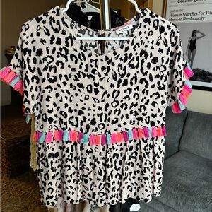 Andree Cream & Black Leopard Top with Pink and Teal Tassels